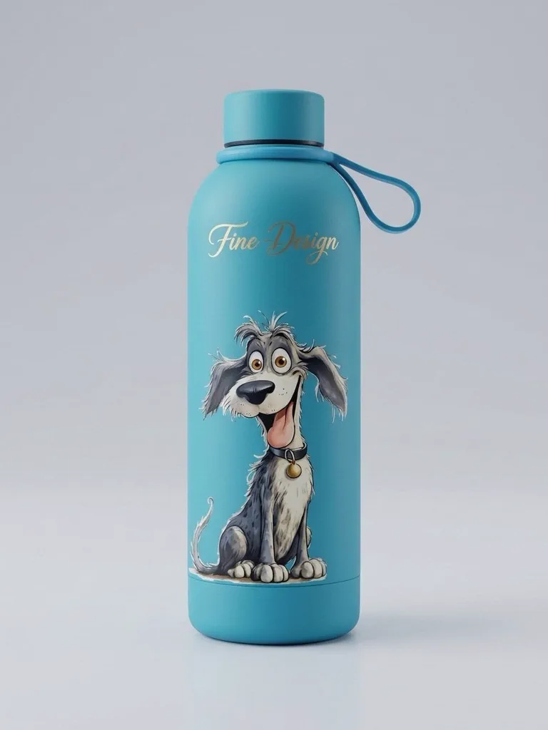 Koudwaterfles grijze hond met vrolijke blik - blauw, 500 ml