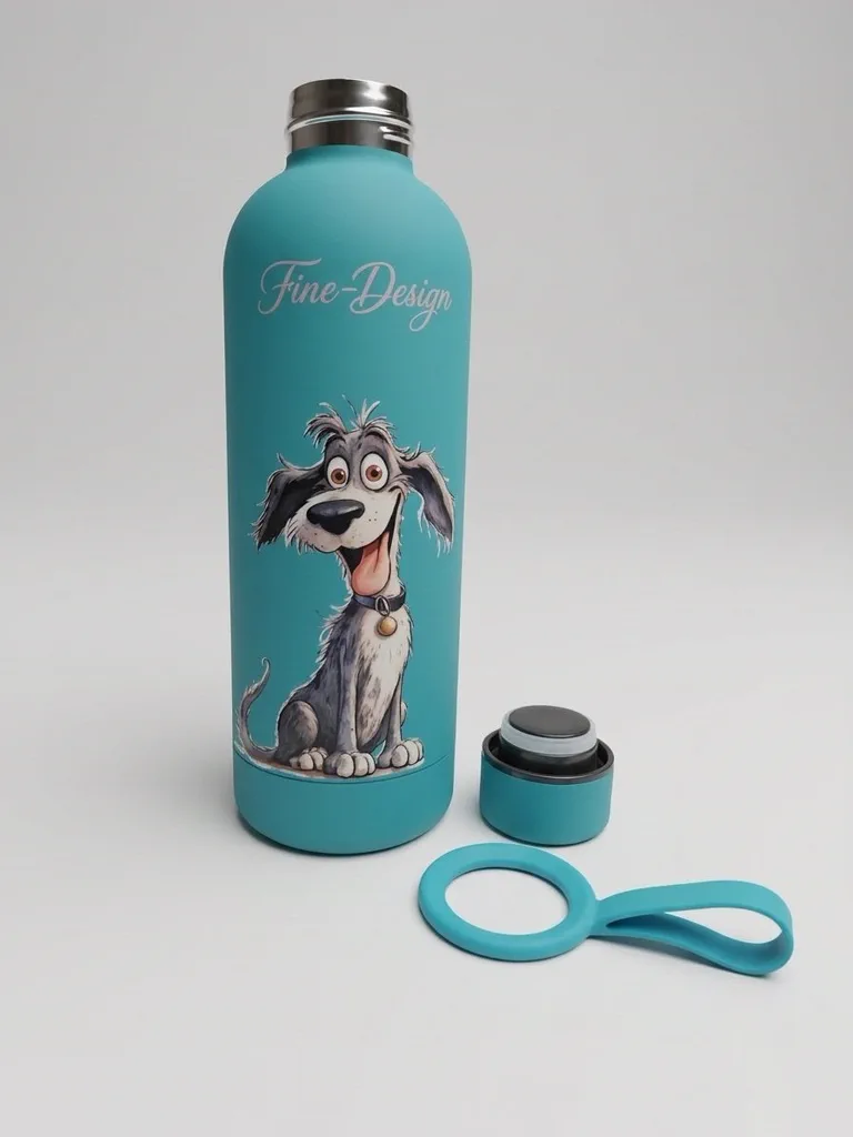 Koudwaterfles grijze hond met vrolijke blik - blauw, 500 ml