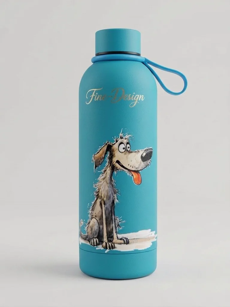 Koudwaterfles hond met uitstekende tong - blauw, 500 ml