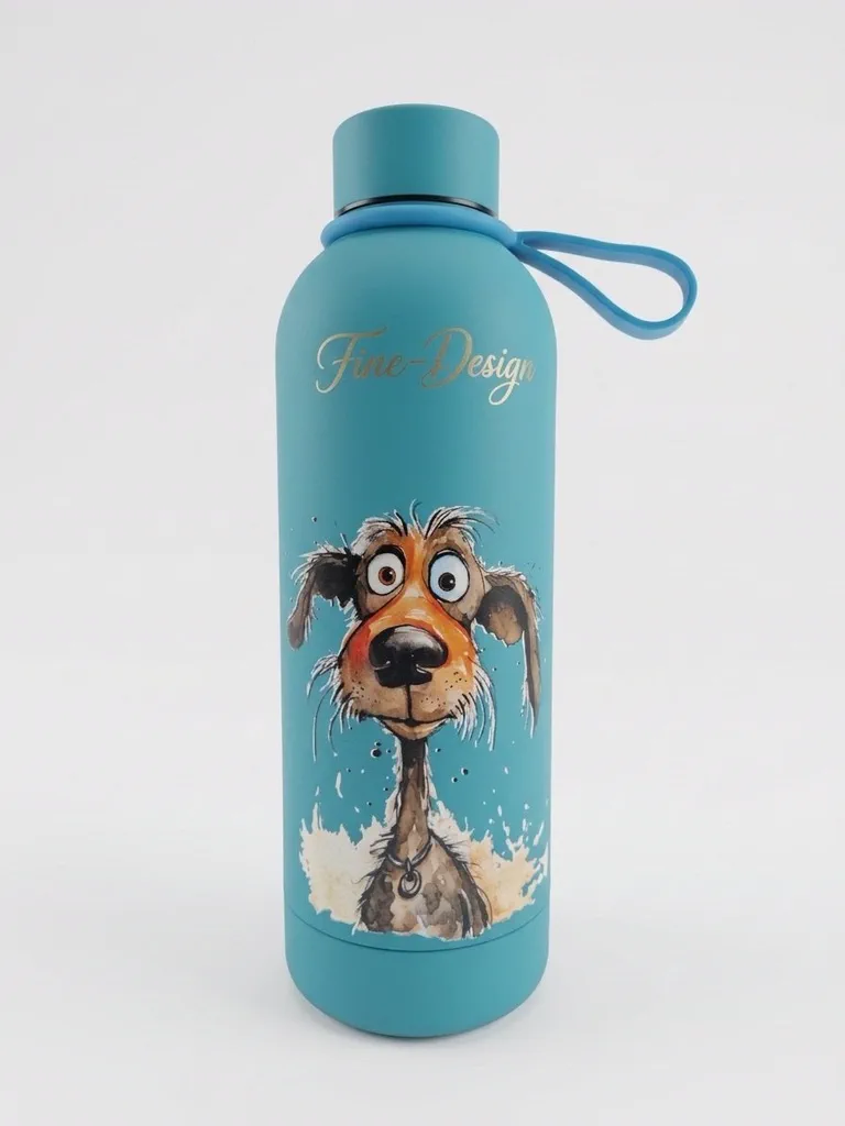 Koudwaterfles bruine hond met verbaasde blik - blauw, 500 ml