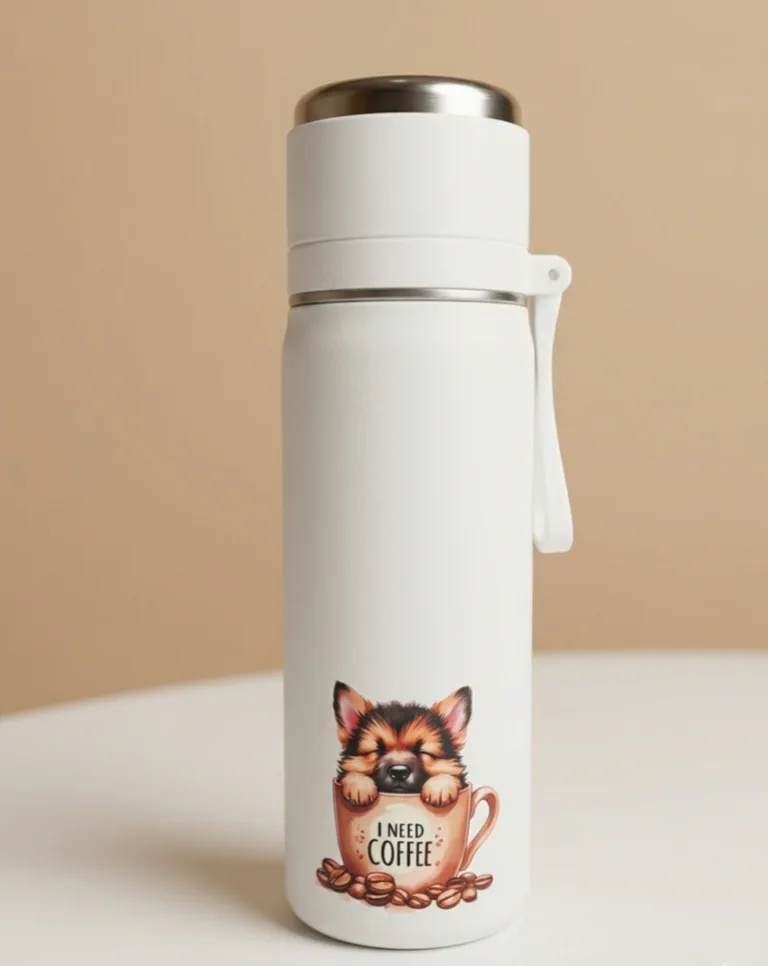 Dubbelwandige handbewerkte thermos Herdershond, inhoud 500ml