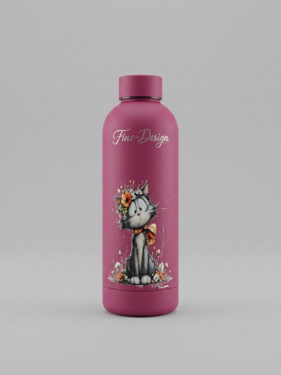 Roze Fine-Design softtouch fles zonder draaglus, met bestaande kattenopdruk als productvoorbeeld